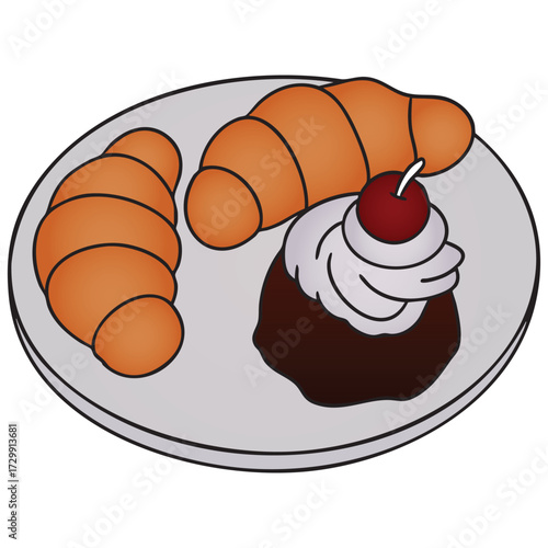 French Pastry Plate , Two Croissants and a Chocolate Dessert with Whipped Cream and Cherry , Vector illustration on white background