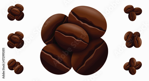 Roasted coffee beans arranged on white surface create visually appealing composition, showcasing rich color and texture in studio shot.