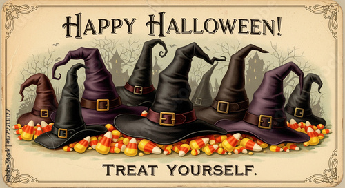 Classic realistic Halloween card with witches’ hats, candy corn scattered, and vintage lettering saying 'Happy Halloween! Treat Yourself