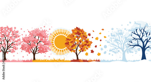 A vibrant graphic illustration depicting the changing of the four seasons, showing a tree in spring, summer, autumn, and winter