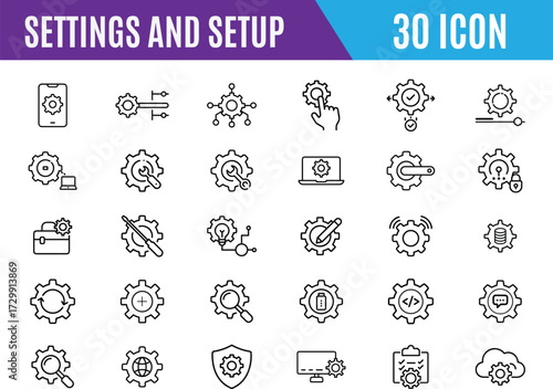 Settings and setup line icon set. Option, installation, regulation and control tool. Outline vector icon in linear style. Vector illustration and more.