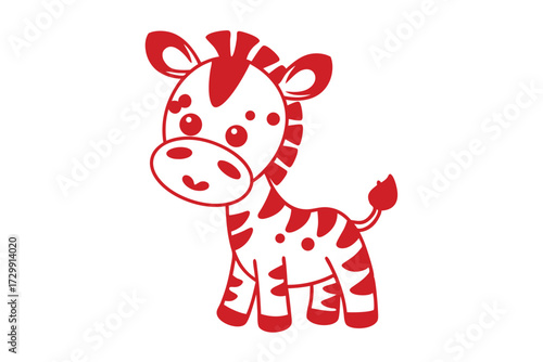 Red striped zebra has a small tail and spots on its face