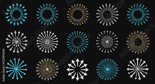 Circular patterns radiating outwards on dark surface create a mesmerizing visual effect with symmetrical arrangement and intricate details, evoking a sense of cosmic energy.