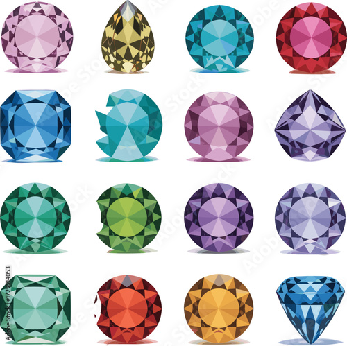 Colorful gemstone vector set, precious stones, diamonds, emeralds, rubies, sapphires, crystals, jewelry design, birthstones, faceted gem clipart collection