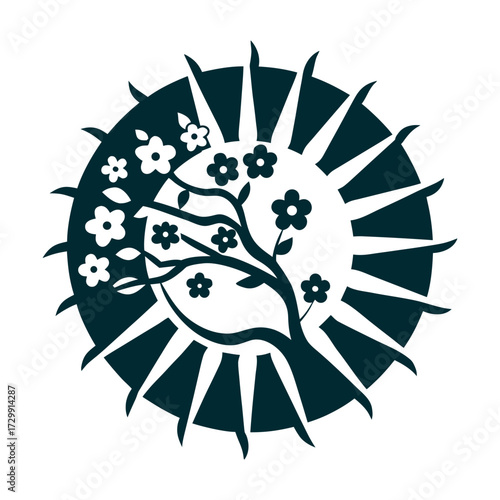 Vernal Equinox Cherry Blossom Sun Icon Vernal Equinox Shunbun no Hi Stylised sun half merged with a cherry blossom branch in balanced asymmetry