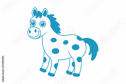 Smiling cartoon horse with a spotted body is outlined in blue on a white background