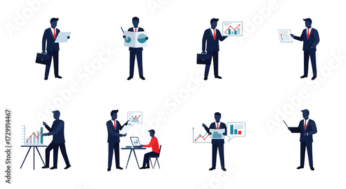 Businessmen presenting data and reports in various poses against a white backdrop, showcasing analytics and teamwork with a professional vibe.