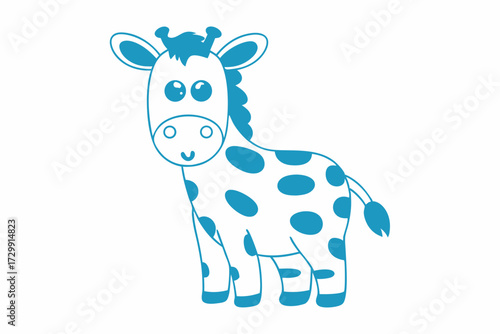 Smiling giraffe stands with its body covered in spots using a blue outline