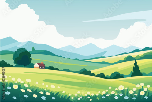 summer landscape with green hills and blue sky