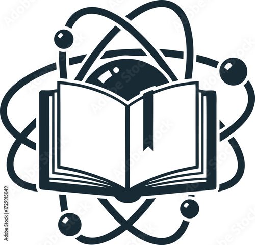 Open book surrounded by atomic orbitals and electrons symbolizing knowledge