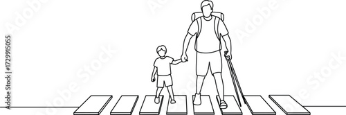 Father and son crossing road, holding hands, walking crosswalk, backpack traveler, parenting moment, child safety concept, pedestrian crossing, parent child bond, vector line art illustration