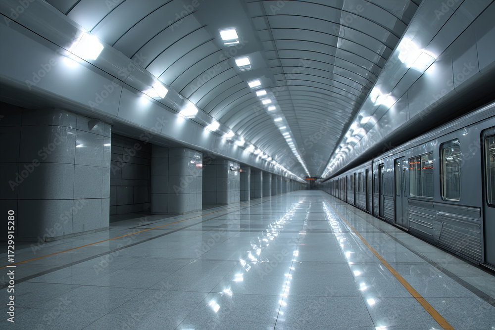 Fototapeta premium Modern underground subway station with train and bright lights