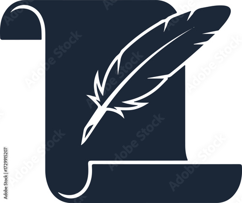 Elegant feather quill on scroll icon for writing and literature