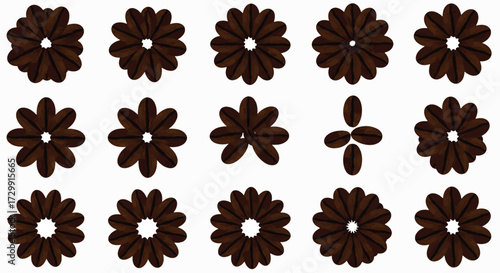Coffee beans arranged in floral patterns on a white surface create a visually appealing and aromatic composition, perfect for coffee lovers and design enthusiasts.