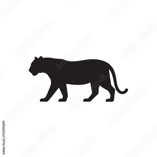 A solid black vector silhouette of a tiger mid-stride, showcasing its powerful and muscular build.
