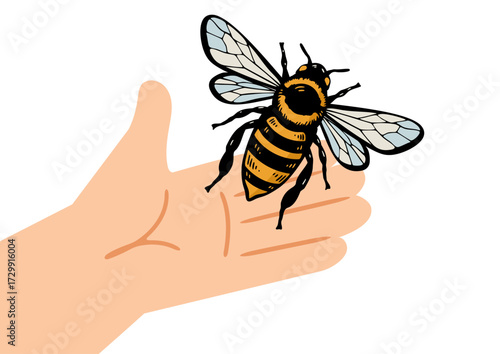 Little kid's hand gently holding a bee. Child caring for nature and pollinator insect. Beekeeping business, pollination of agricultural crop plants, biology and entomology studies.