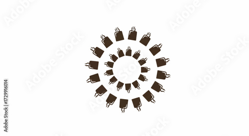 Coffee cups arranged in a circular pattern on a white surface creating a simple, clean, and modern aesthetic with a minimalist vibe.