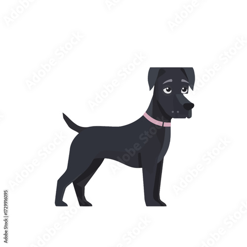 A sad-looking black cartoon dog with a pink collar. 2D flat vector illustration isolated on white background.