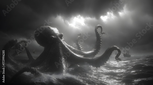 A colossal sea monster rising from the depths, its enormous tentacles breaking the surface of a stormy ocean