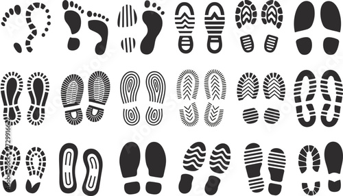 Footprint vector set with shoeprints, barefoot marks, walking tracks, boot sole patterns, footwear prints, hiking paths, trail marks, and path icons