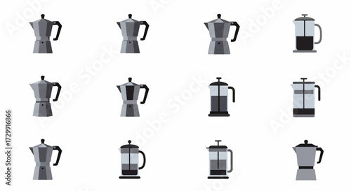 Collection of moka pots and french presses arranged on white surface showcasing different brewing methods and styles, perfect for coffee lovers and kitchenware enthusiasts.