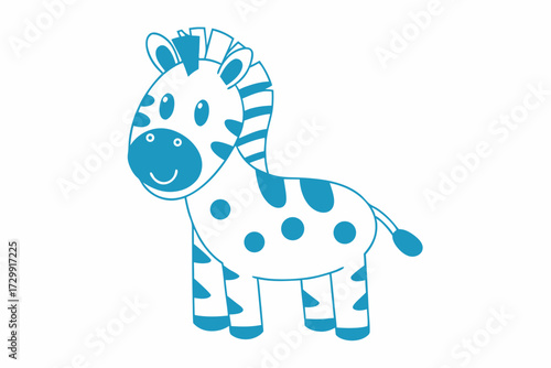 Sweet cartoon zebra with blue stripes and spots smiles gently against white