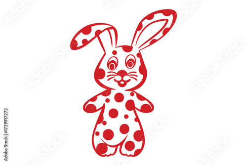 Standing red rabbit features adorable spots that pattern its entire outline on a white background