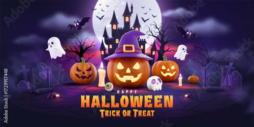 Halloween Poster or banner template, pumpkin with witch hat in spooky Halloween graveyard scene with haunted castle,ghosts,bats,full moon and scary Halloween decorations for trick or treat party