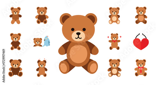 Cute teddy bears arranged in a grid pattern against a white backdrop, creating a playful and cheerful mood.
