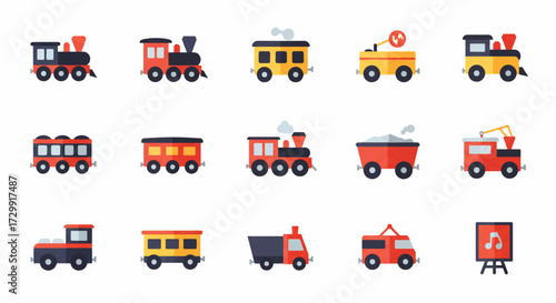 Colorful toy trains and wagons lined up against a white backdrop, evoking a sense of childhood joy and playful imagination.