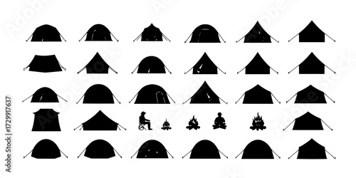 Tent camp vector silhouette black icon. Isolated tent outdoor military holiday camping vacation icon
