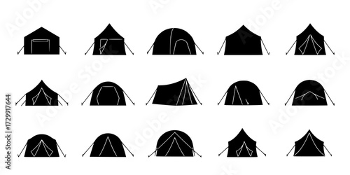 Tent camp vector silhouette black icon. Isolated tent outdoor military holiday camping vacation icon

