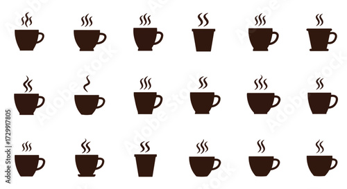 Various coffee cups steaming on white surface representing different beverage choices in a minimalist style.