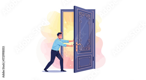 Man opening door to bright future opportunity and new possibilities