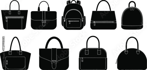 Handbag and backpack silhouette, fashion bag collection, tote bag vector, purse illustration, leather accessories, stylish travel bag, modern handbag icon, designer bag set