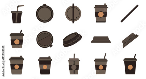 Disposable coffee cups and lids arranged neatly on a white surface, showcasing various angles and components, conveying simplicity and convenience.