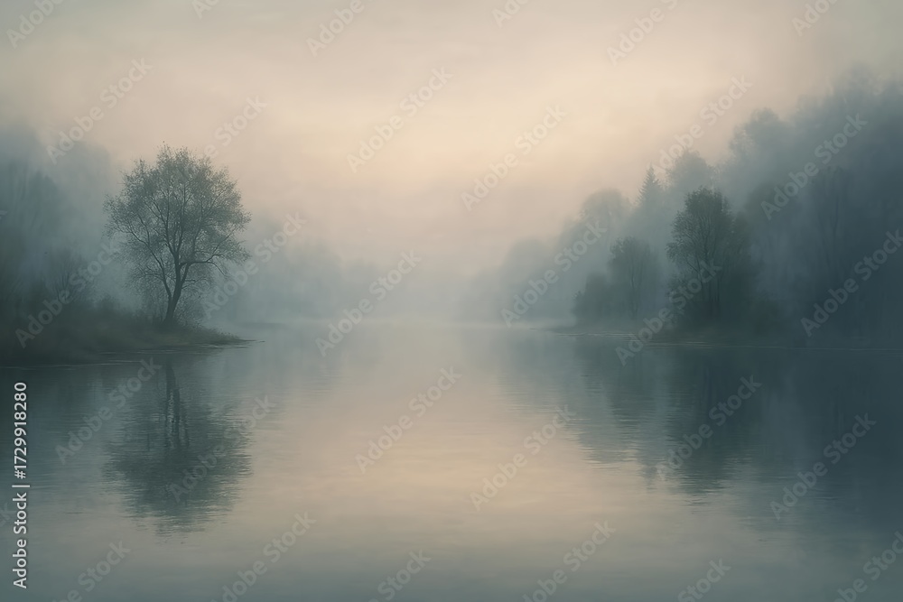 Fototapeta premium Misty Lake at Dawn with Serene Atmosphere