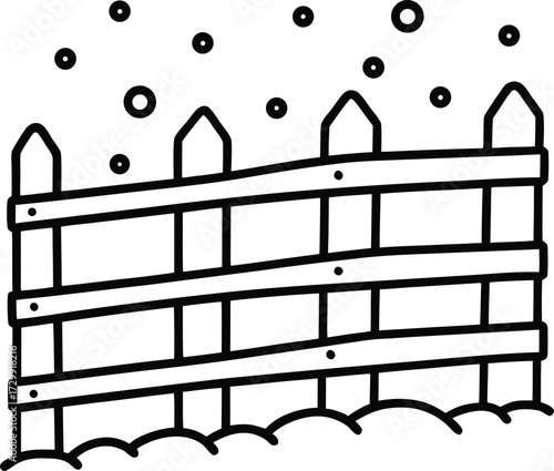 snowfall over wooden fence line art on transparent background