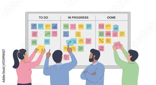 Team collaborating on Kanban board for project management and task organization