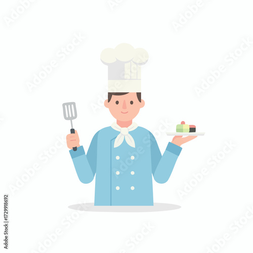 Happy pastry chef in uniform holding a delicious decorated cake and fresh donuts, showcasing culinary craft and confectionery service
