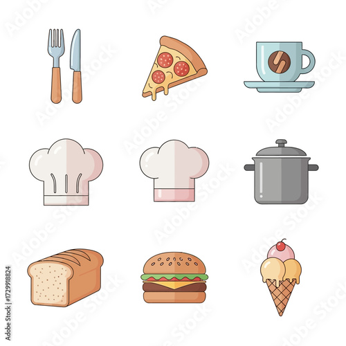 Delicious Food and Kitchen Utensils Flat Vector Icons