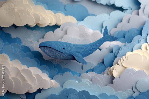 A blue whale floats serenely amidst a swirling, textured landscape of pastel clouds, showcasing a captivating paper-cut design.