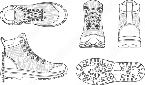 Hiking boot technical drawing vector, side top front back sole view outdoor footwear design, lace up trekking shoe blueprint for fashion and apparel