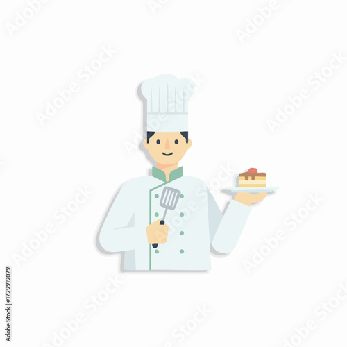 Illustration of a chef holding a cake on a plate with a spatula, representing culinary arts and pastry making
