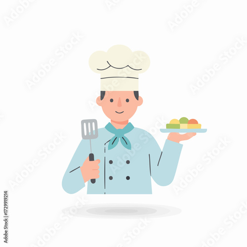 Illustration of a chef in uniform holding a spatula and a plate of food