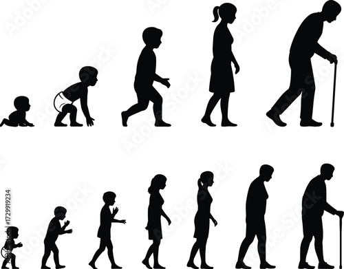 Human life stages silhouette illustration showing baby crawling, child walking, teenager, adult man and woman, aging process, old man with cane, growth evolution