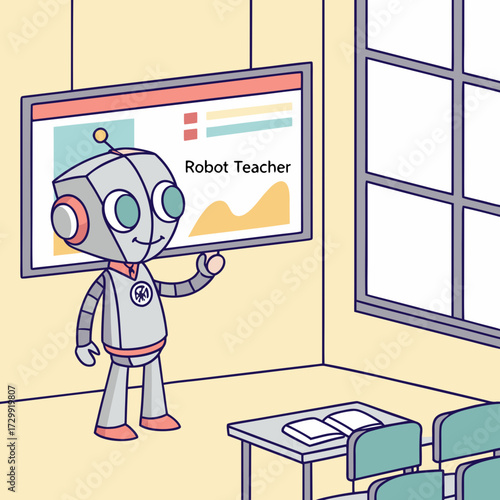 A friendly cartoon robot stands in a classroom pointing to a presentation screen displaying the words robot teacher and a graph symbolizing the future of education and technology