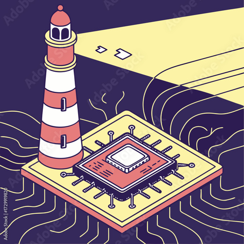 A conceptual illustration of a lighthouse shining a beam of light onto a computer processor chip symbolizing guidance and innovation in technology and digital navigation