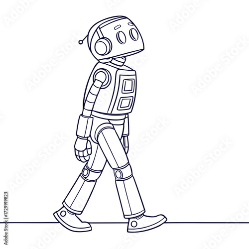 A friendly cartoon robot with a round head and antennae is depicted in a simple outline style walking confidently from left to right across a white background