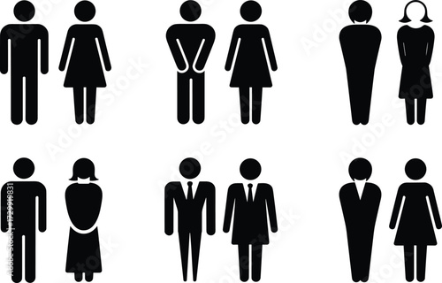 Man and woman toilet restroom symbols, male female icons, bathroom door sign silhouette, gender pictogram vector illustration, washroom signage design, WC icons set